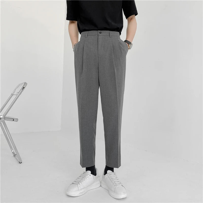 Summer Fashion Men's Pants Elastic Waist Ankle Length Casual Suit Pant Korean Style Regular Fit Solid Luxury Trousers Beige Blue