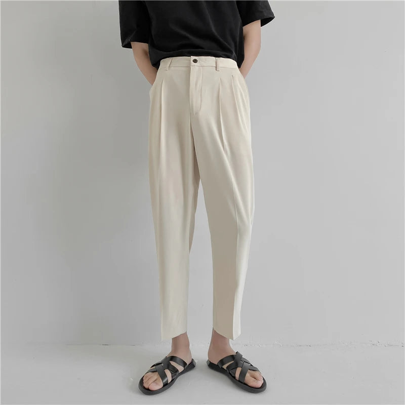 Summer Fashion Men's Pants Elastic Waist Ankle Length Casual Suit Pant Korean Style Regular Fit Solid Luxury Trousers Beige Blue