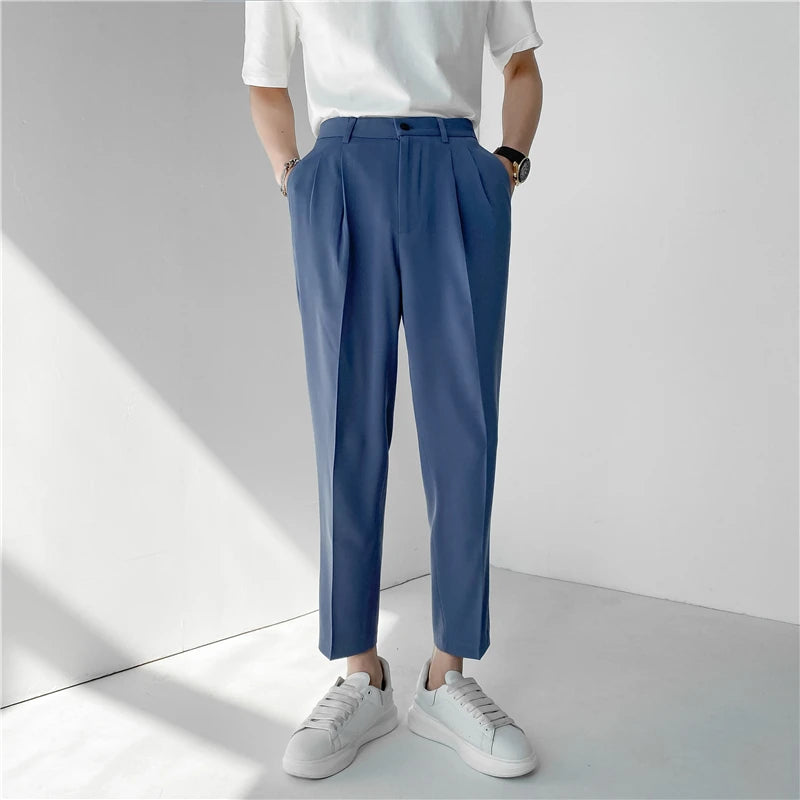 Summer Fashion Men's Pants Elastic Waist Ankle Length Casual Suit Pant Korean Style Regular Fit Solid Luxury Trousers Beige Blue