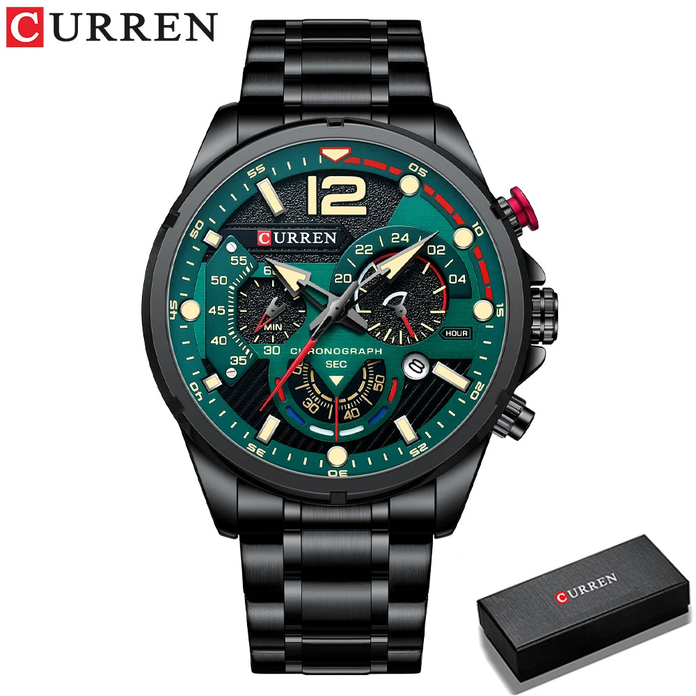 CURREN New Green Mens Watches Top Brand Luxury Stainless Steel Quartz Watch Men Sport Date Male Clock Waterproof Wristwatch