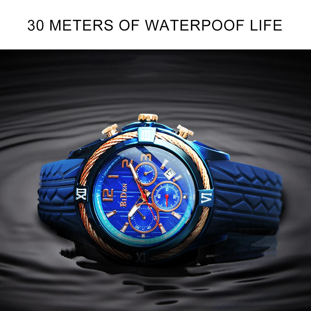 Biden Fashion Casual Mens Quartz Watches Top Brand Luxury Silicone Strap Blue Watch Men Waterproof Wristwatches