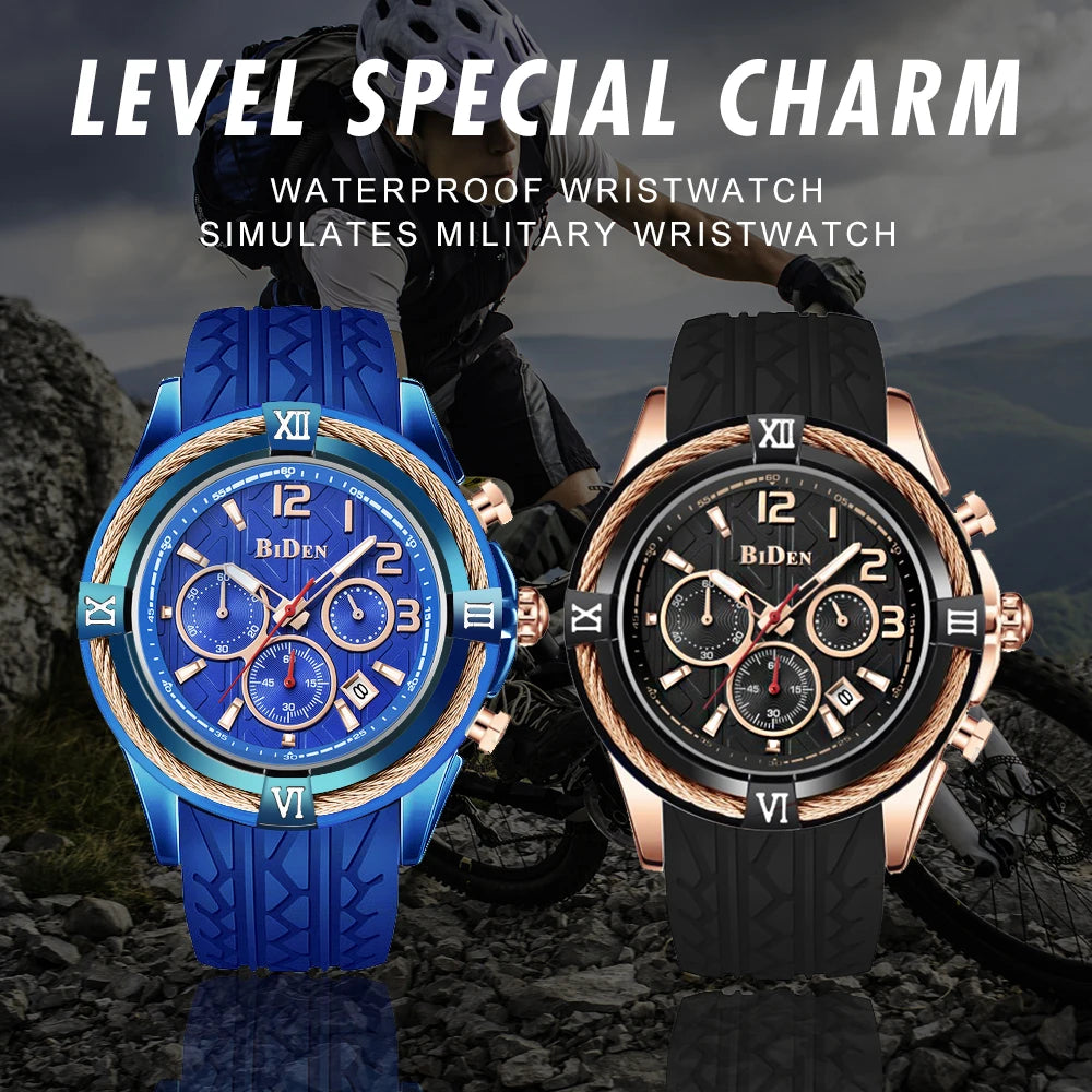 Biden Fashion Casual Mens Quartz Watches Top Brand Luxury Silicone Strap Blue Watch Men Waterproof Wristwatches