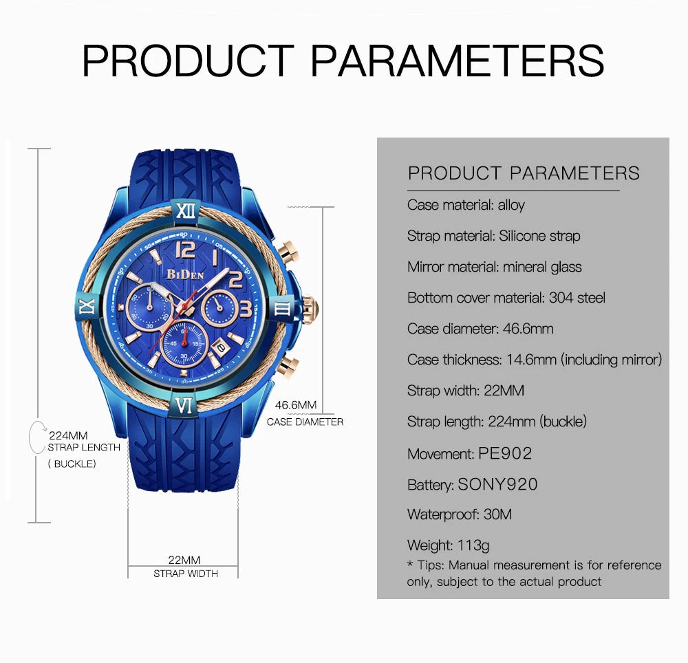 Biden Fashion Casual Mens Quartz Watches Top Brand Luxury Silicone Strap Blue Watch Men Waterproof Wristwatches