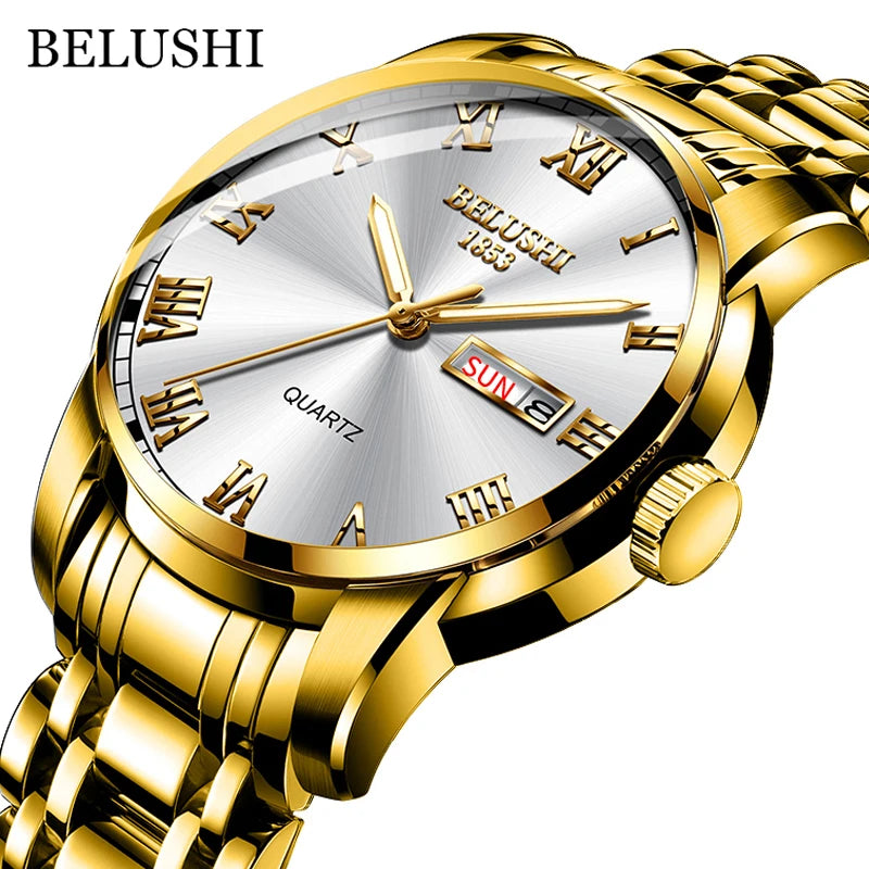 BELUSHI Top Brand Watch Men Stainless Steel Business Date Clock Waterproof Luminous Watches Mens Luxury Sport Quartz Wrist Watch