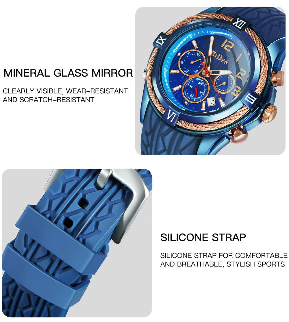 Biden Fashion Casual Mens Quartz Watches Top Brand Luxury Silicone Strap Blue Watch Men Waterproof Wristwatches