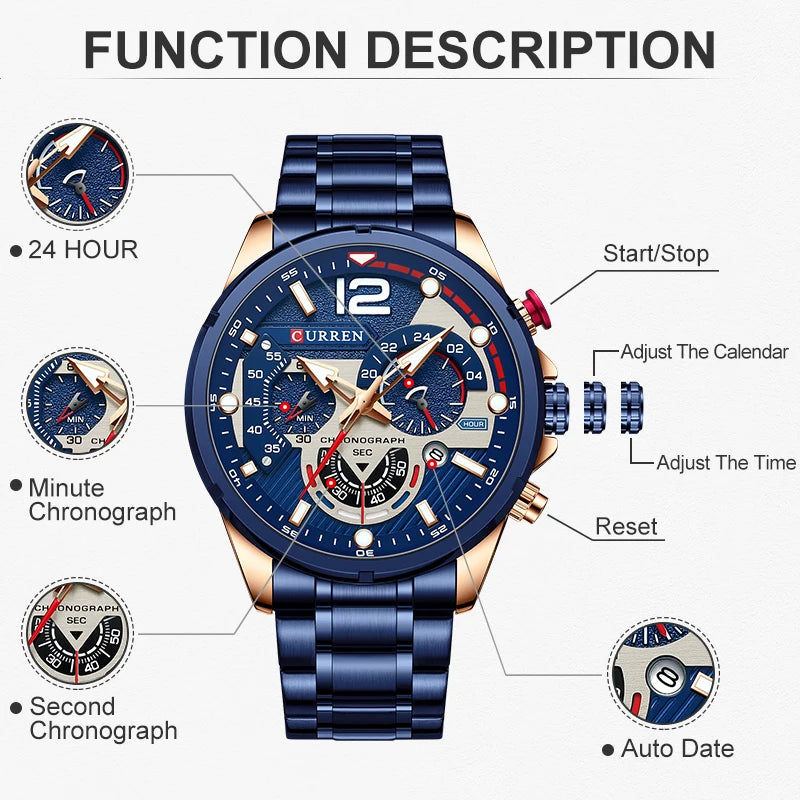 CURREN New Green Mens Watches Top Brand Luxury Stainless Steel Quartz Watch Men Sport Date Male Clock Waterproof Wristwatch