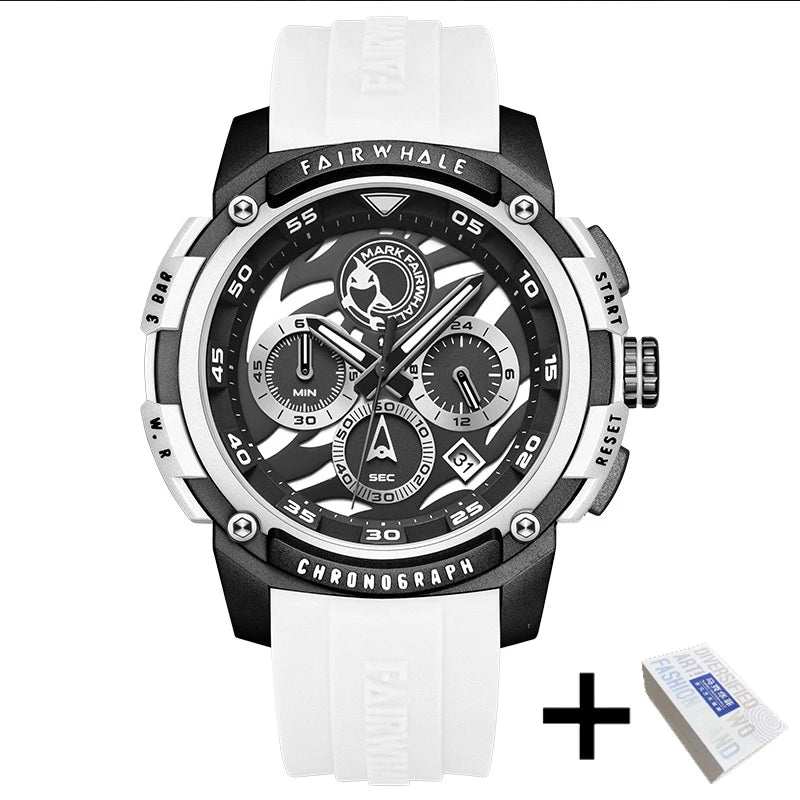 Fashion Brand Mark Fairwhale White Watches Mens Automatic Date Sport Silicone Strap Waterproof Quartz WristWatch Luxury Man 2023