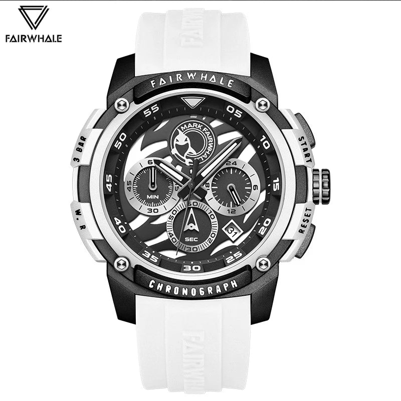 Fashion Brand Mark Fairwhale White Watches Mens Automatic Date Sport Silicone Strap Waterproof Quartz WristWatch Luxury Man 2023